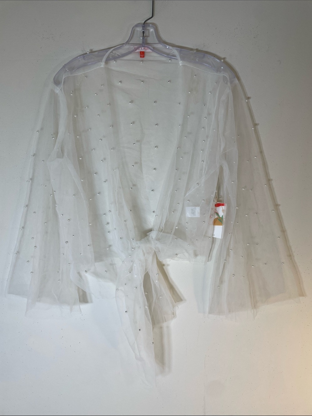 Mele E Pere Pearl Embellished Mesh Bell-Sleeve Tie-Front Jacket. Large. NWT.